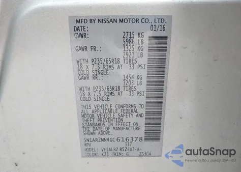 2016 Nissan Pathfinder Platinum/S/Sl/Sv z USA, uszkodzony, nr VIN 5N1AR2MN4GC616378